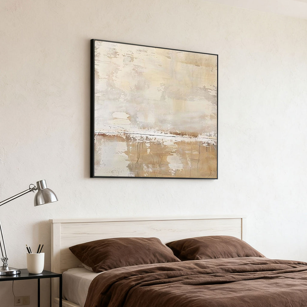 Hand-painted minimalist abstract painting Frostfall V in bedroom with brown bedding