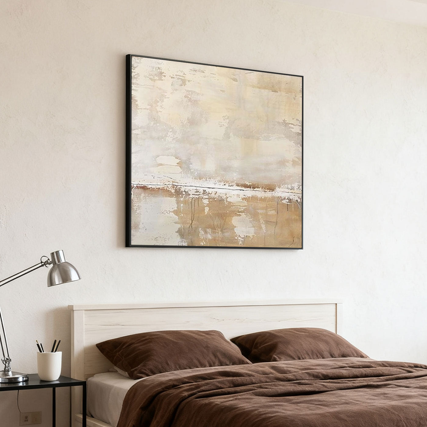 Hand-painted minimalist abstract painting Frostfall V in bedroom with brown bedding