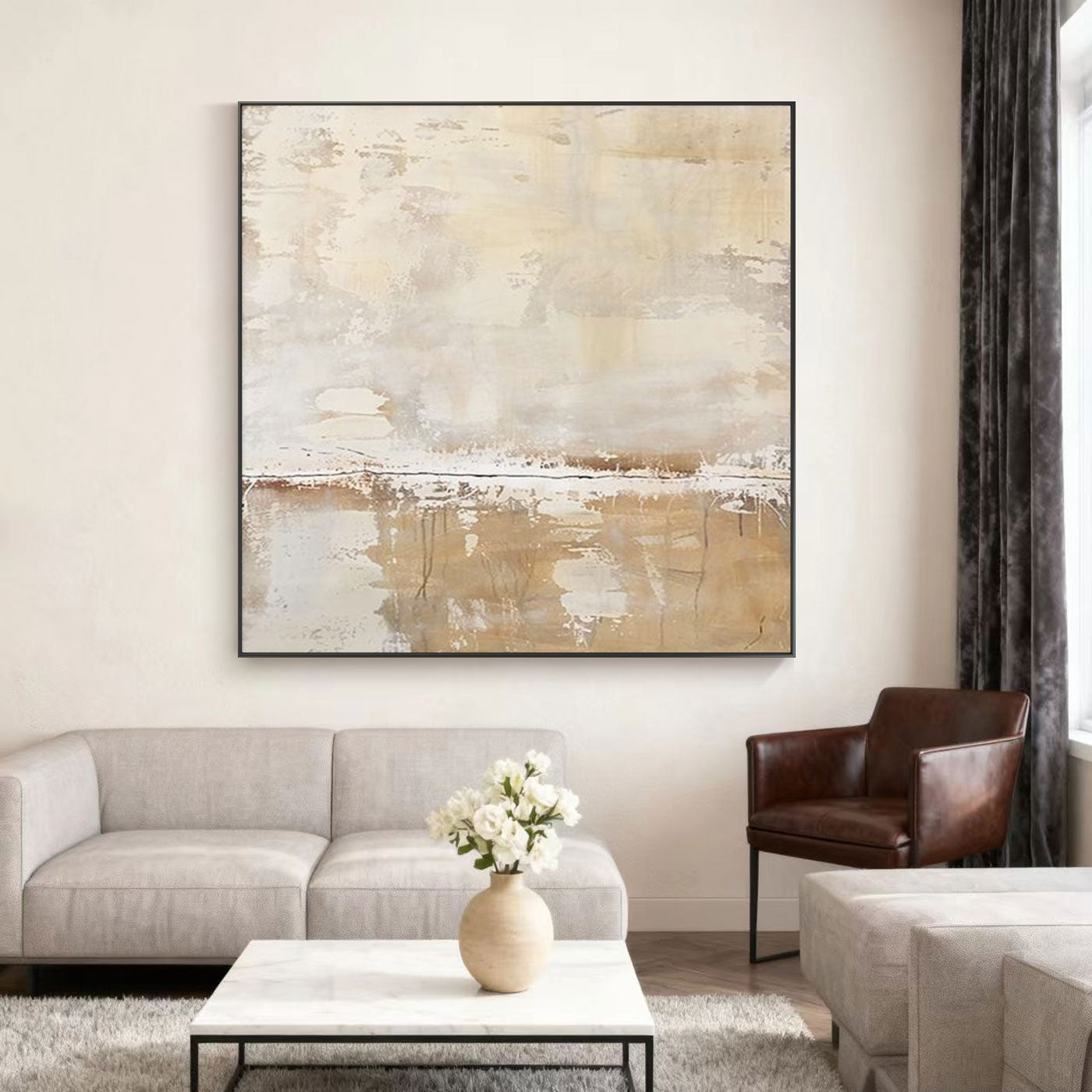 Hand-painted minimalist wabi sabi abstract canvas art 'Frostfall V' neutral tones modern living room