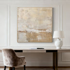 Minimalist Wabi Sabi abstract 'Frostfall V' painting with beige tones, framed, above modern office desk