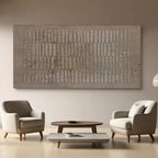 Wabi Sabi brown textured wall art displayed in a living room setting with armchairs.