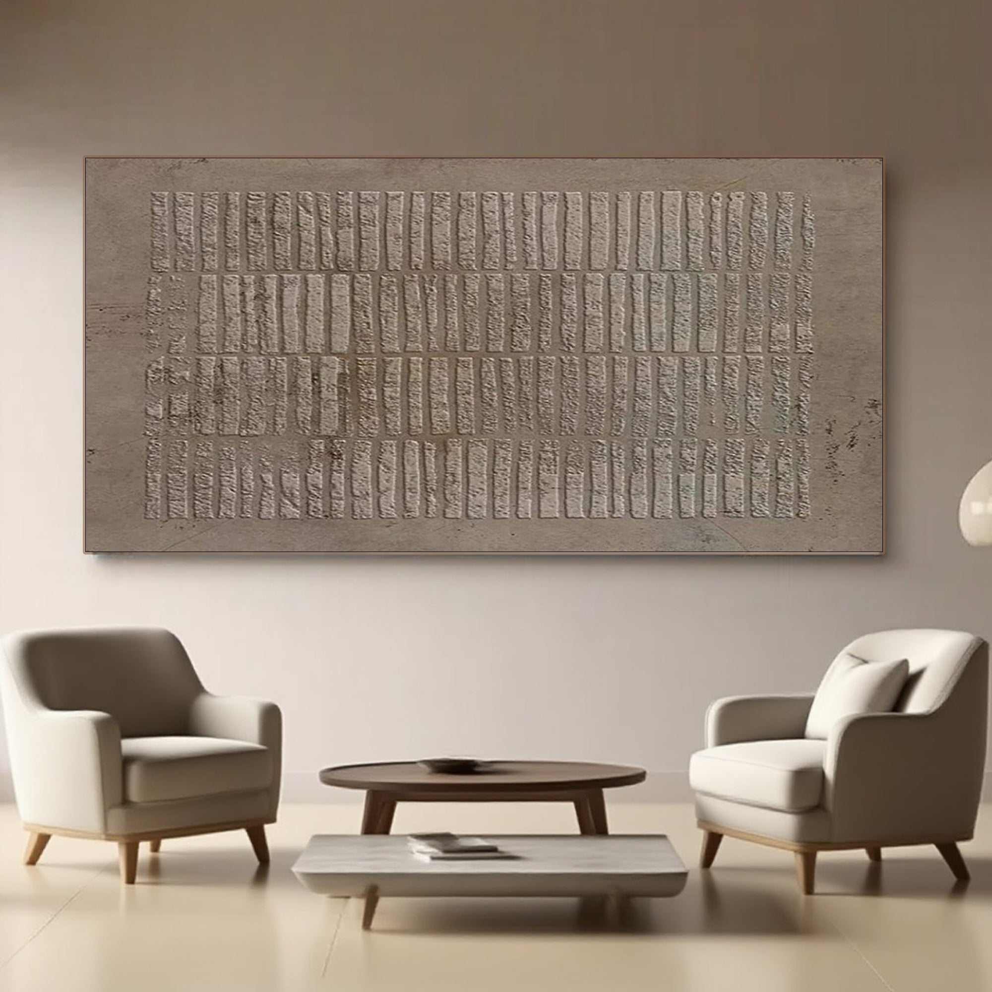 Wabi Sabi brown textured wall art displayed in a living room setting with armchairs.