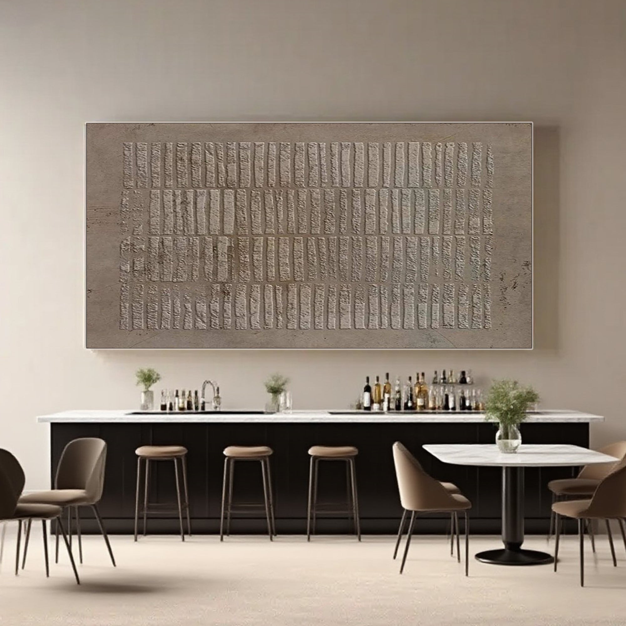 Wabi Sabi brown textured wall art in a dining area with a bar and stools.