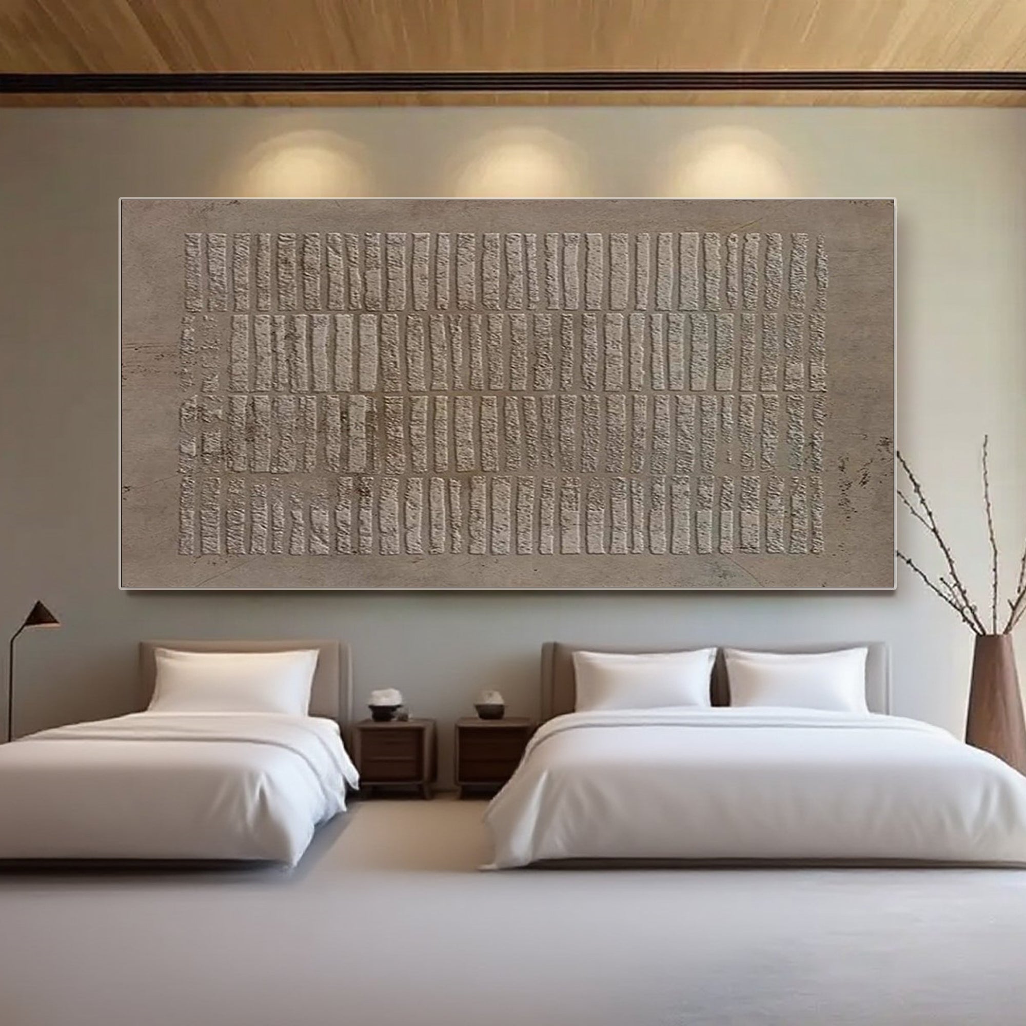 Wabi Sabi brown textured wall art, close-up of hand-painted vertical strokes.