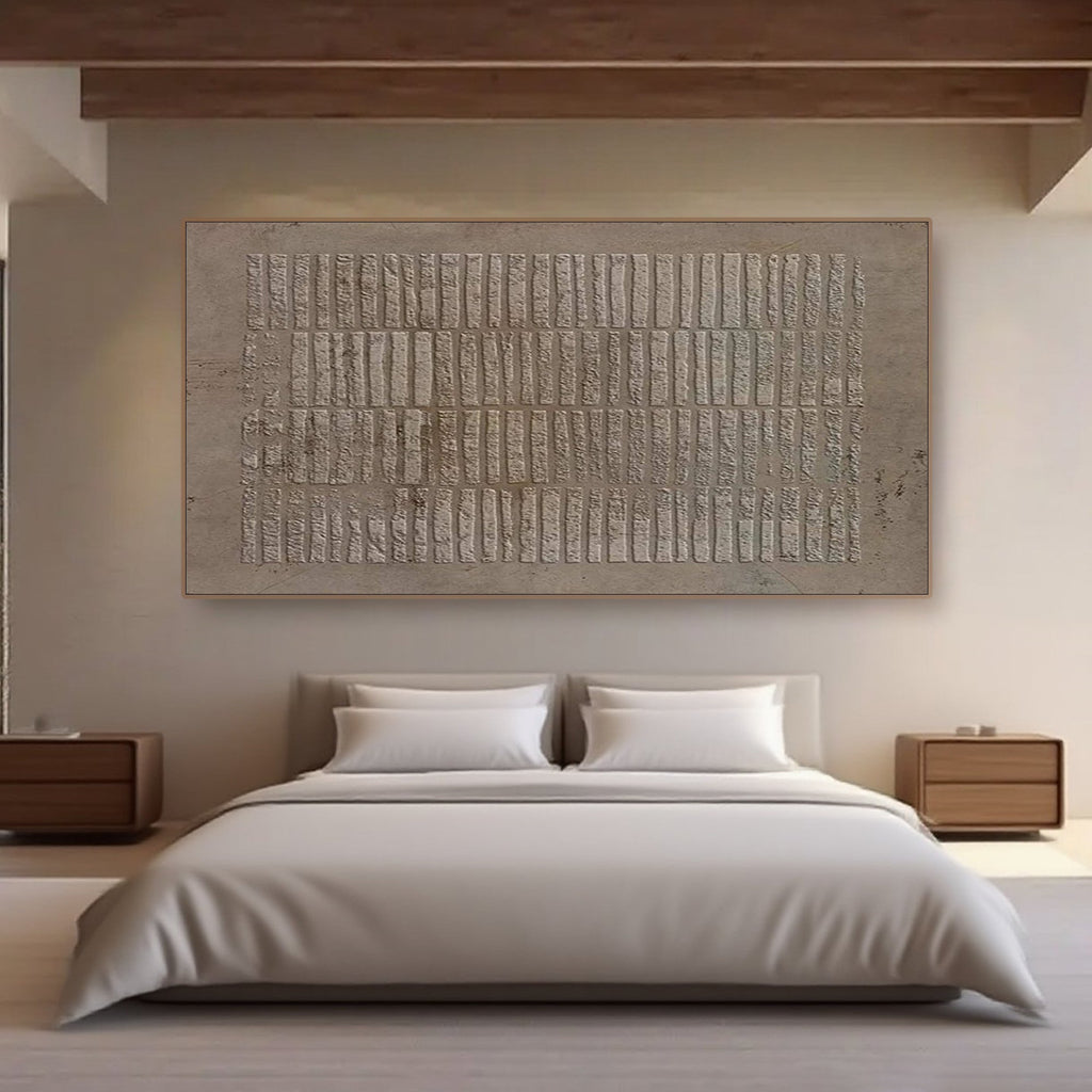 Wabi Sabi brown textured wall art, close-up of hand-painted vertical strokes.