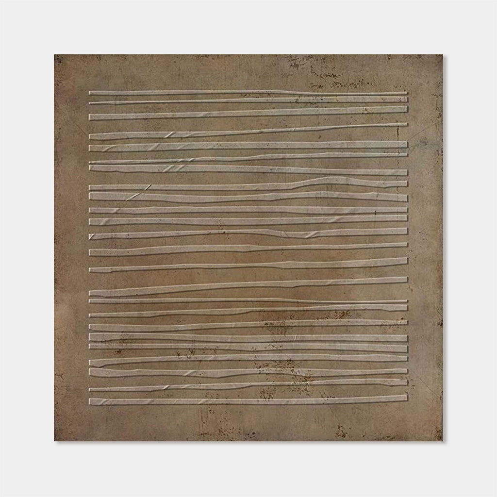 Hand-painted Wabi-Sabi brown geometric square wall art with textured white lines