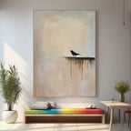 Lumi Gallery Zen minimalist bird wall art with textured canvas, black bird silhouette, neutral tones, mounted above colorful rainbow bench