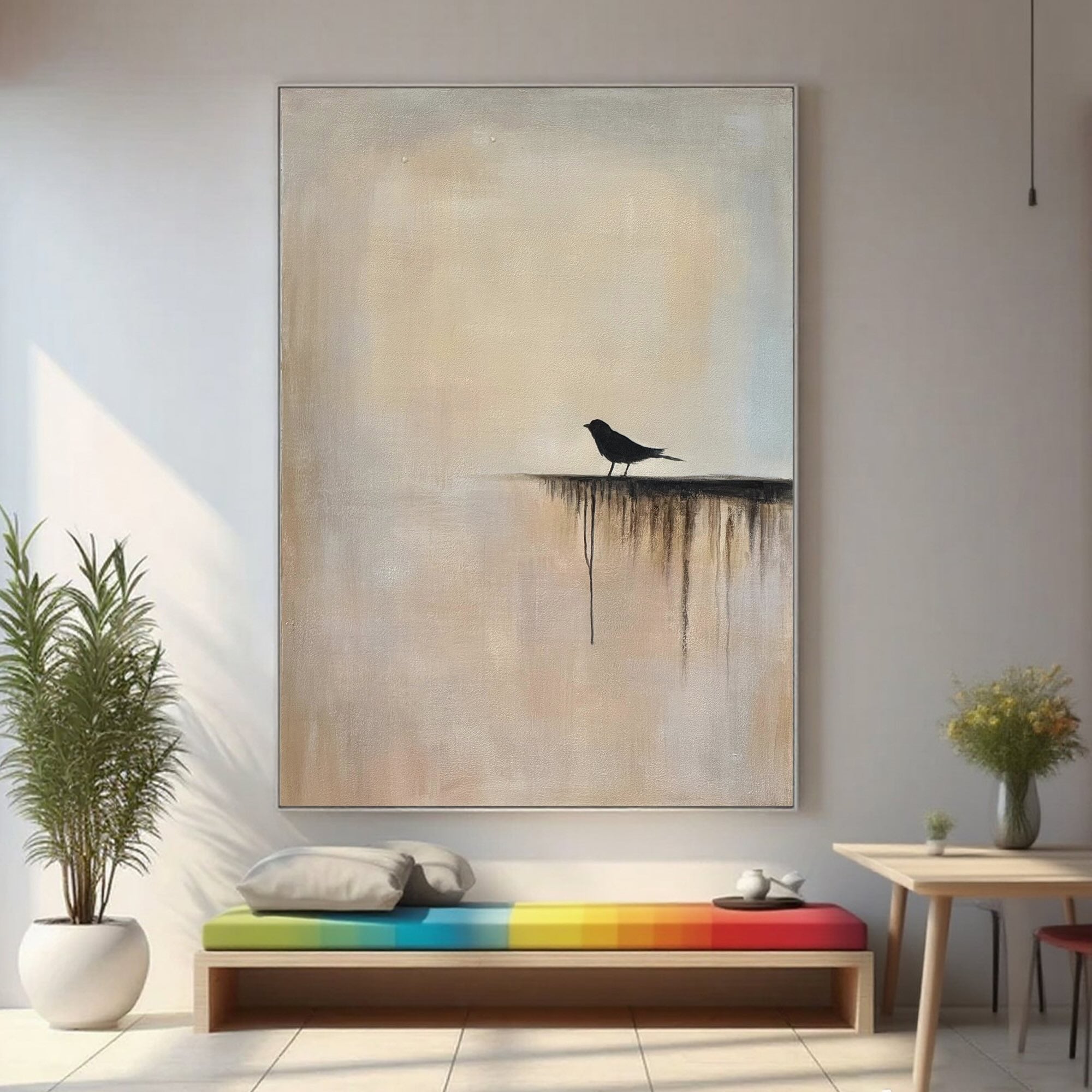 Lumi Gallery Zen minimalist bird wall art with textured canvas, black bird silhouette, neutral tones, mounted above colorful rainbow bench