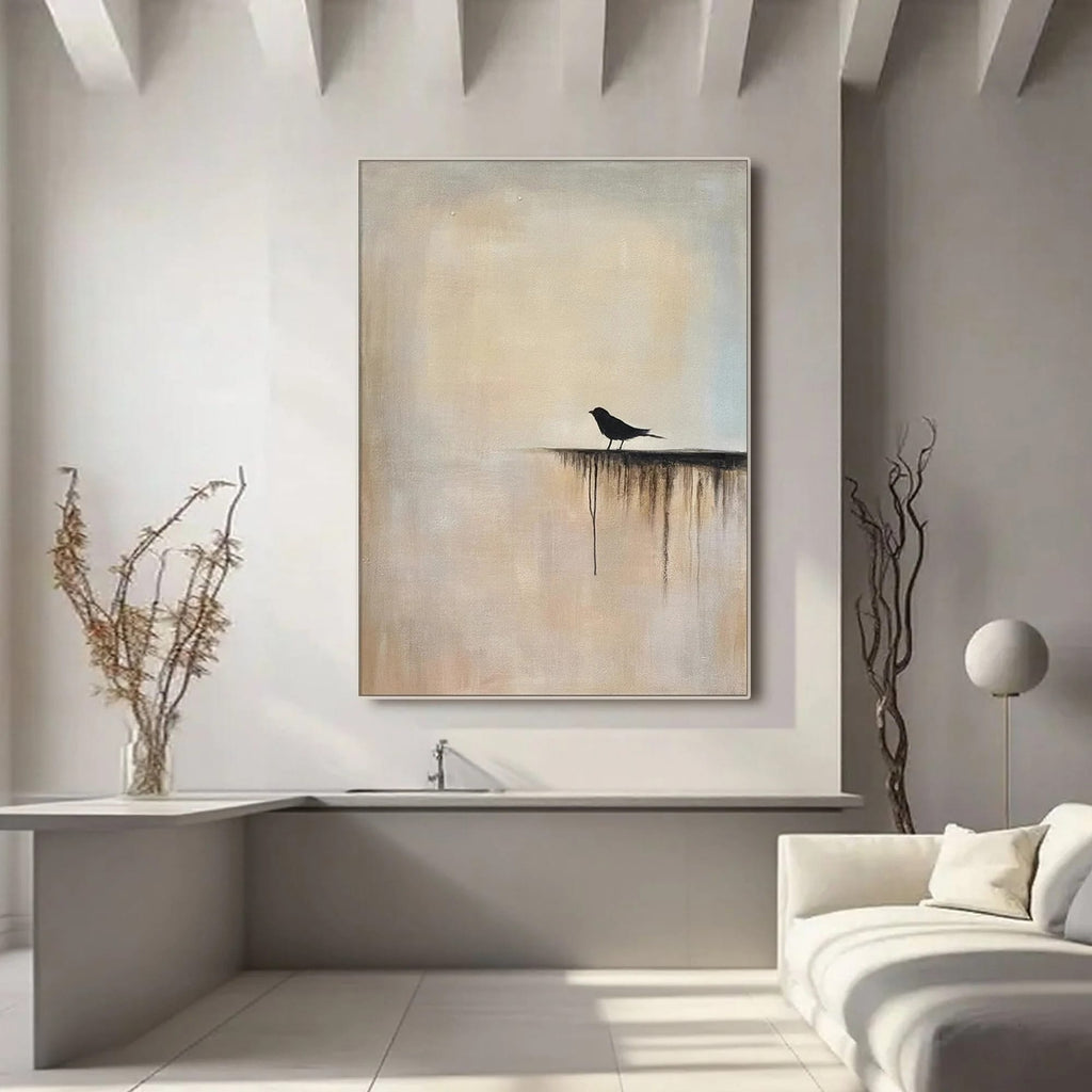 Lumi Gallery Zen minimalist bird wall art, hand-painted abstract beige canvas with black bird in modern living room