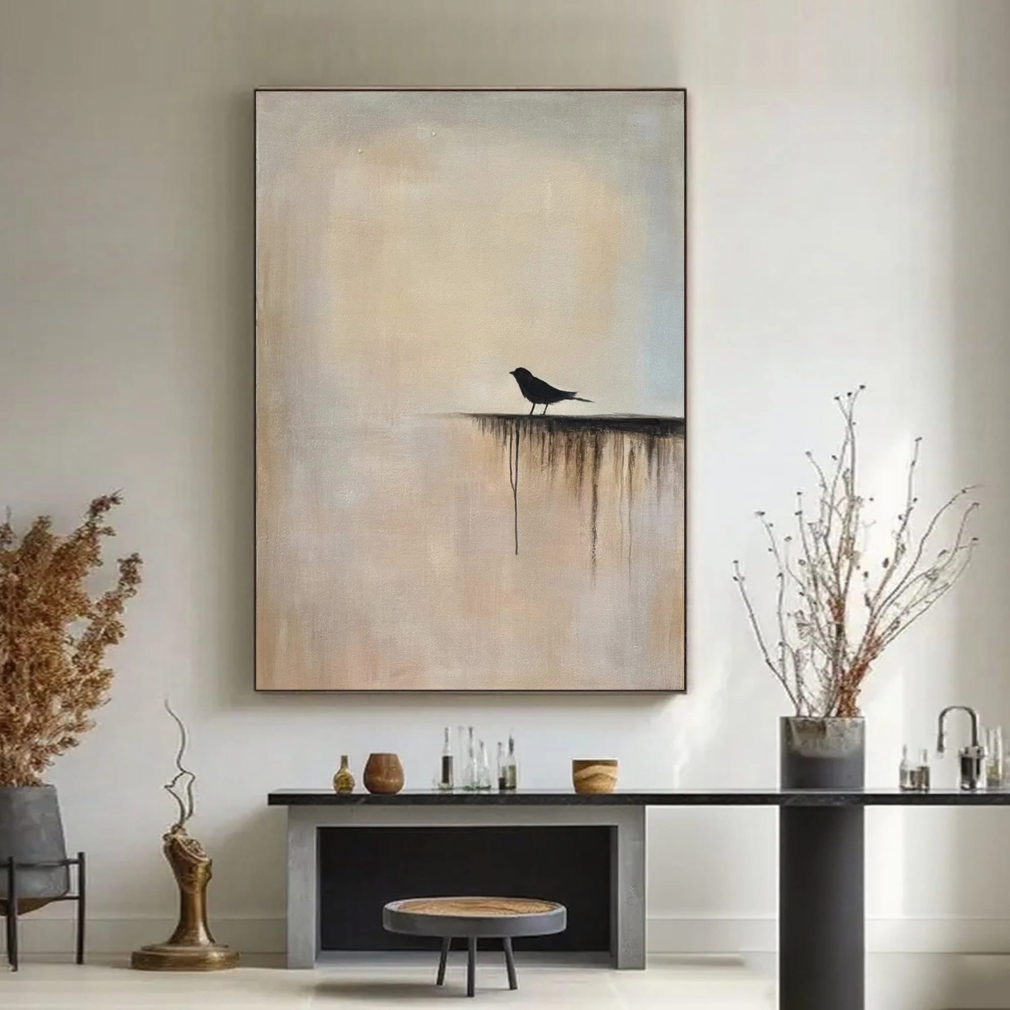 Zen minimalist bird canvas art with muted tones, mounted on wall in living room