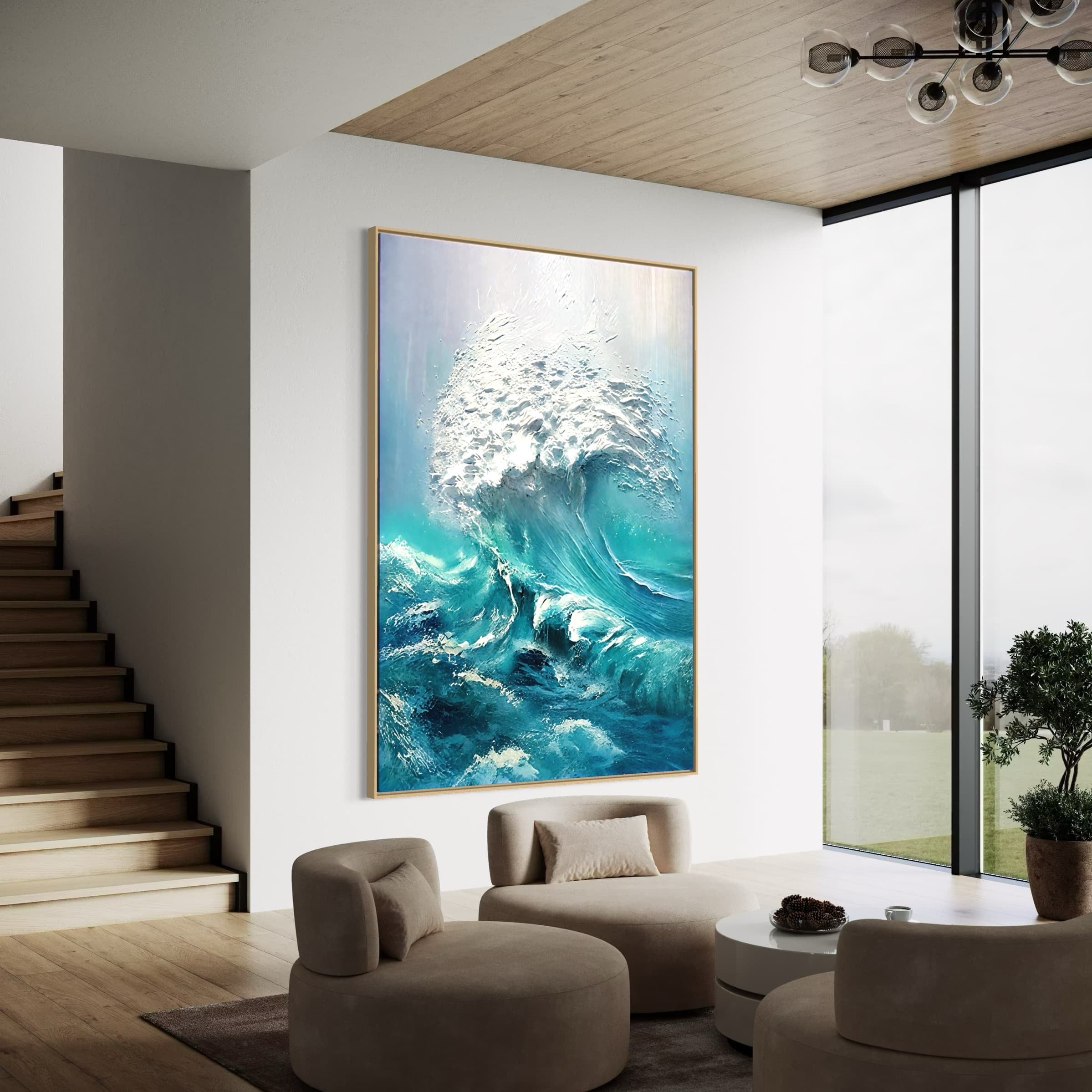 3D Abstract Ocean Wave Wall Art | Vertical Blue Sea Canvas