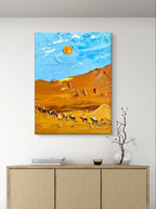 Textured Desert Landscape Canvas with Camel Caravan Under Blue Sky
