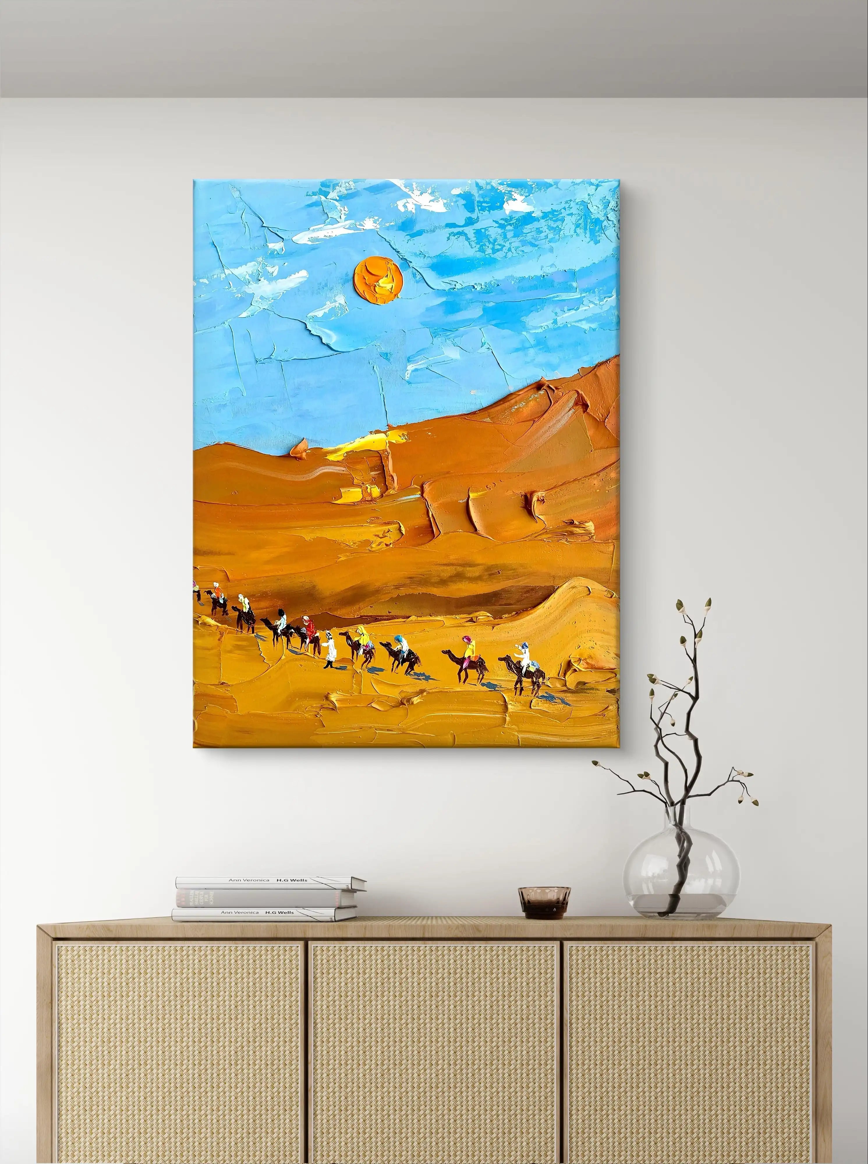 Textured Desert Landscape Canvas with Camel Caravan Under Blue Sky