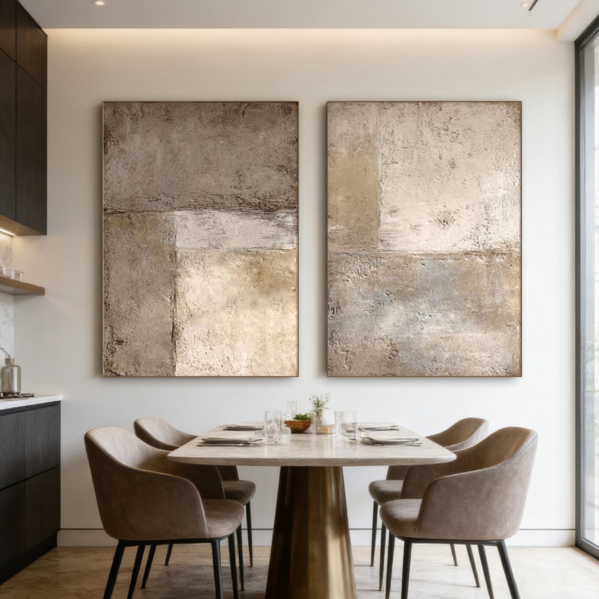Minimalist Japandi beige 'Ashen Field' abstract canvas wall art in modern dining room