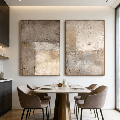 Minimalist Japandi beige 'Ashen Field' abstract canvas wall art in modern dining room