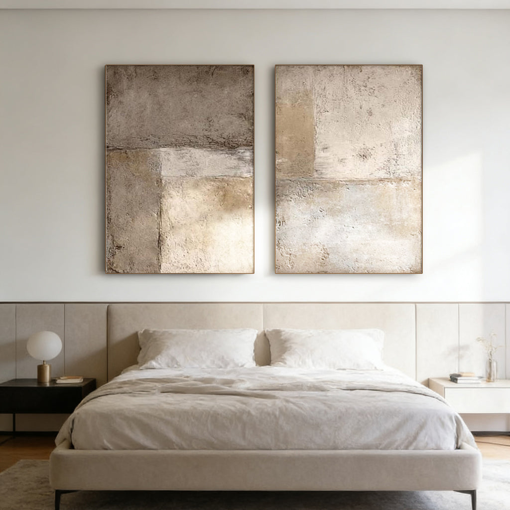 Lumi Gallery's Minimalist Japandi beige wall art set 'Ashen Field' on bedroom wall, hand-painted canvas