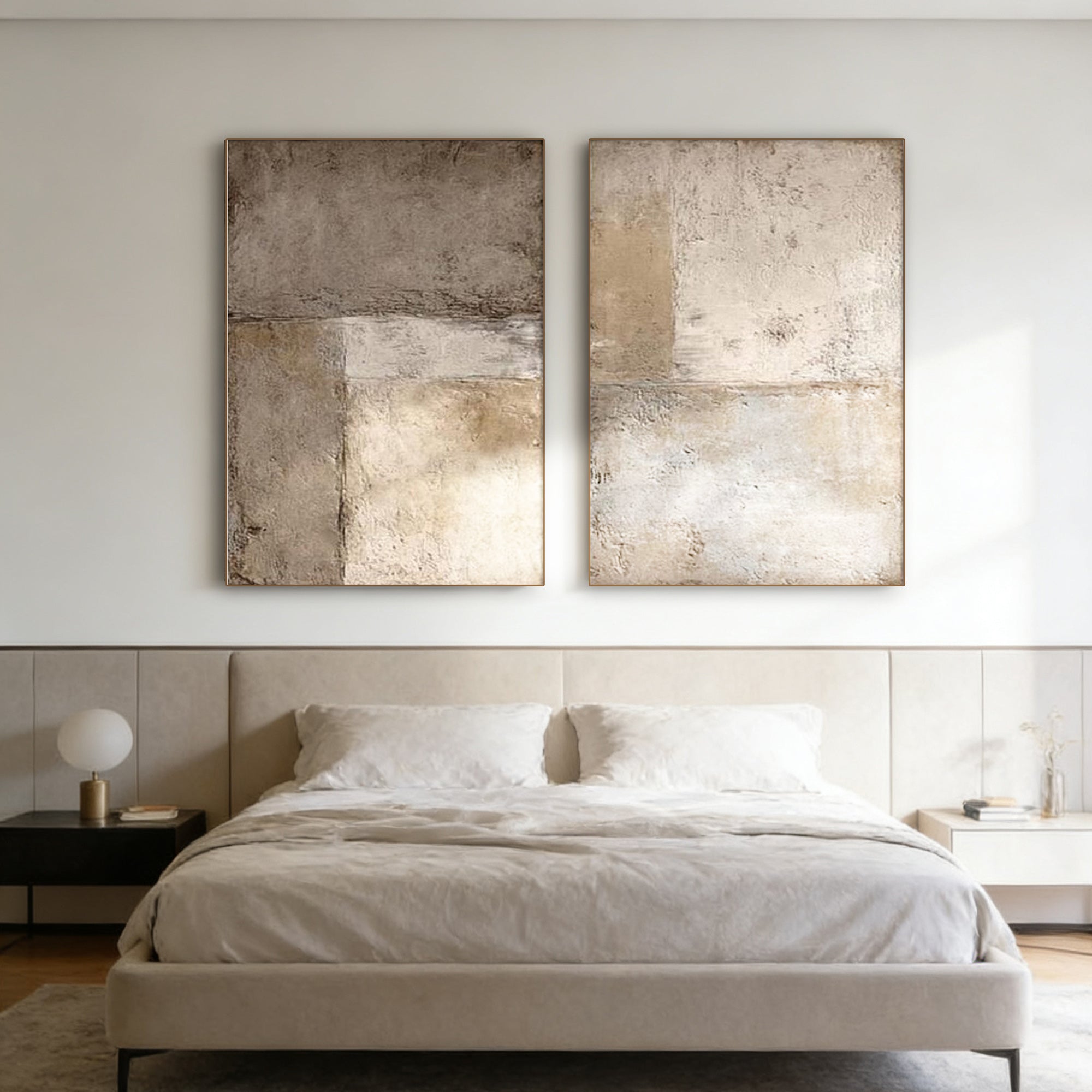 Lumi Gallery's Minimalist Japandi beige wall art set 'Ashen Field' on bedroom wall, hand-painted canvas