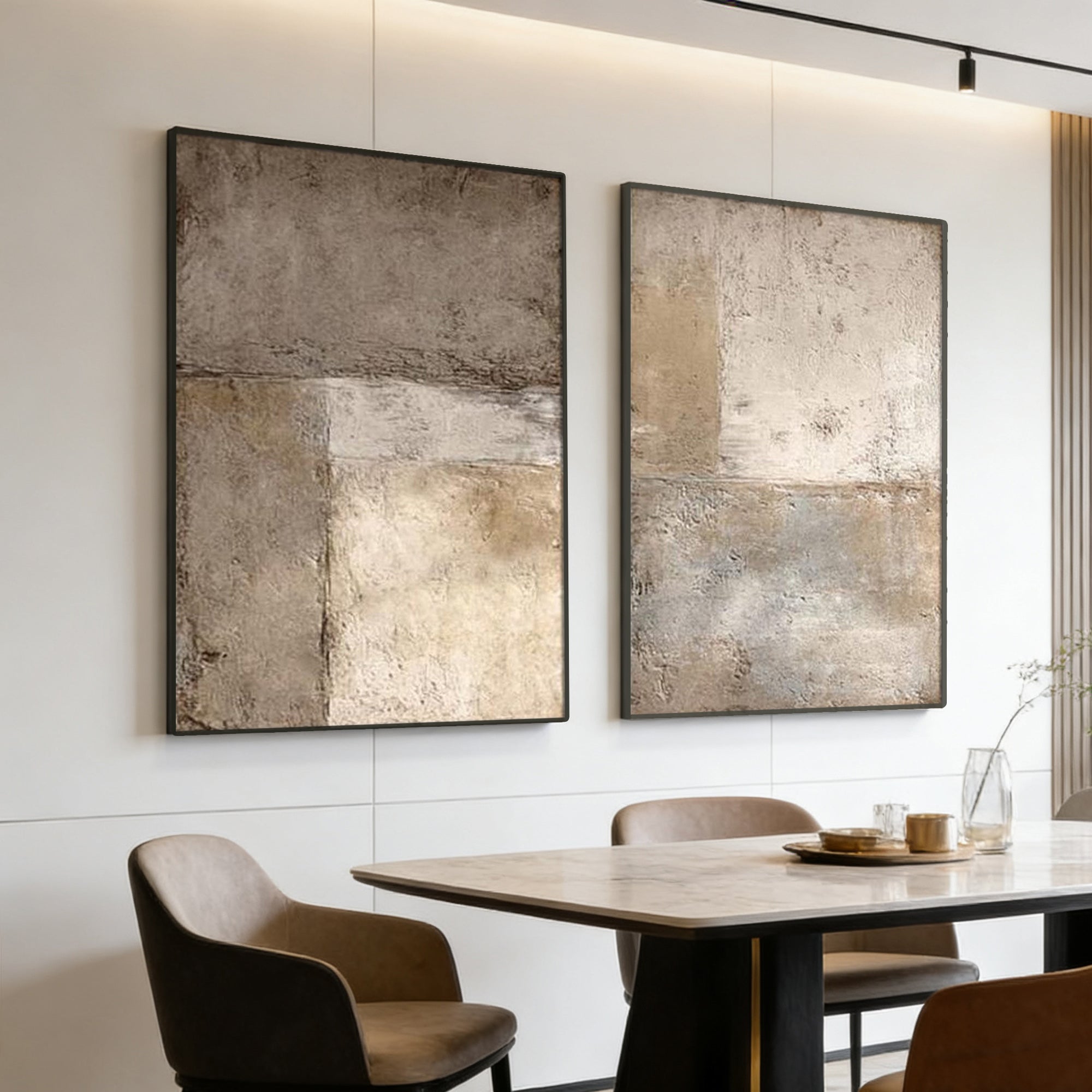 Minimalist Japandi beige abstract canvas wall art in dining room setting