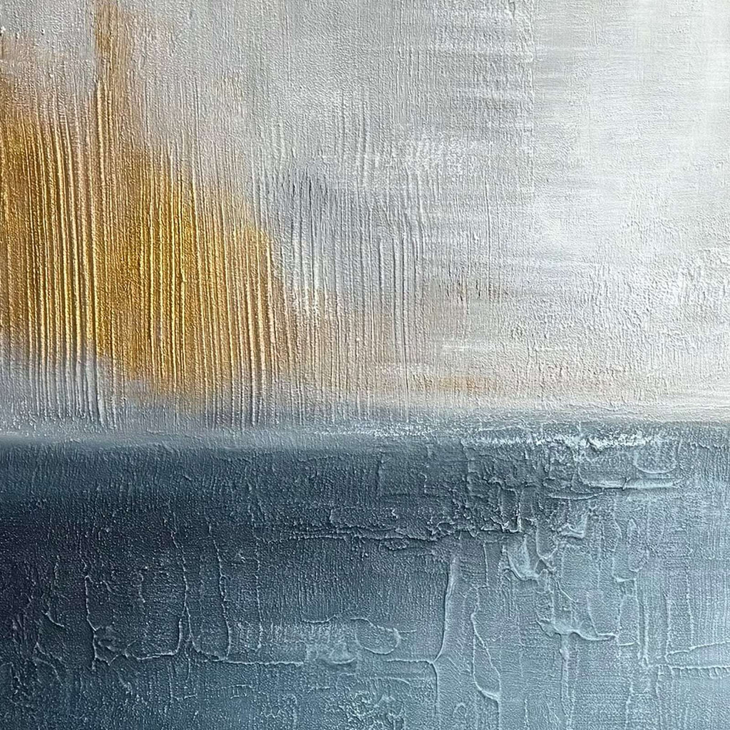 Detail of textured blue and gold seascape canvas with pale atmospheric layers