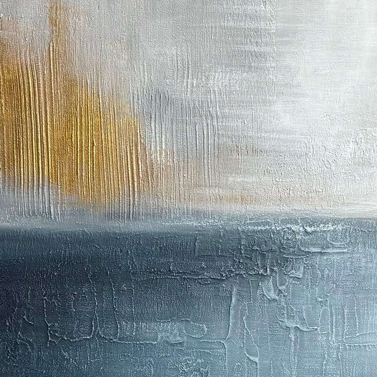 Detail of textured blue and gold seascape canvas with pale atmospheric layers