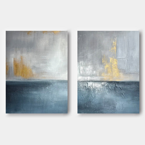 Abstract minimalist blue gold seascape canvas wall art set by Lumi Gallery