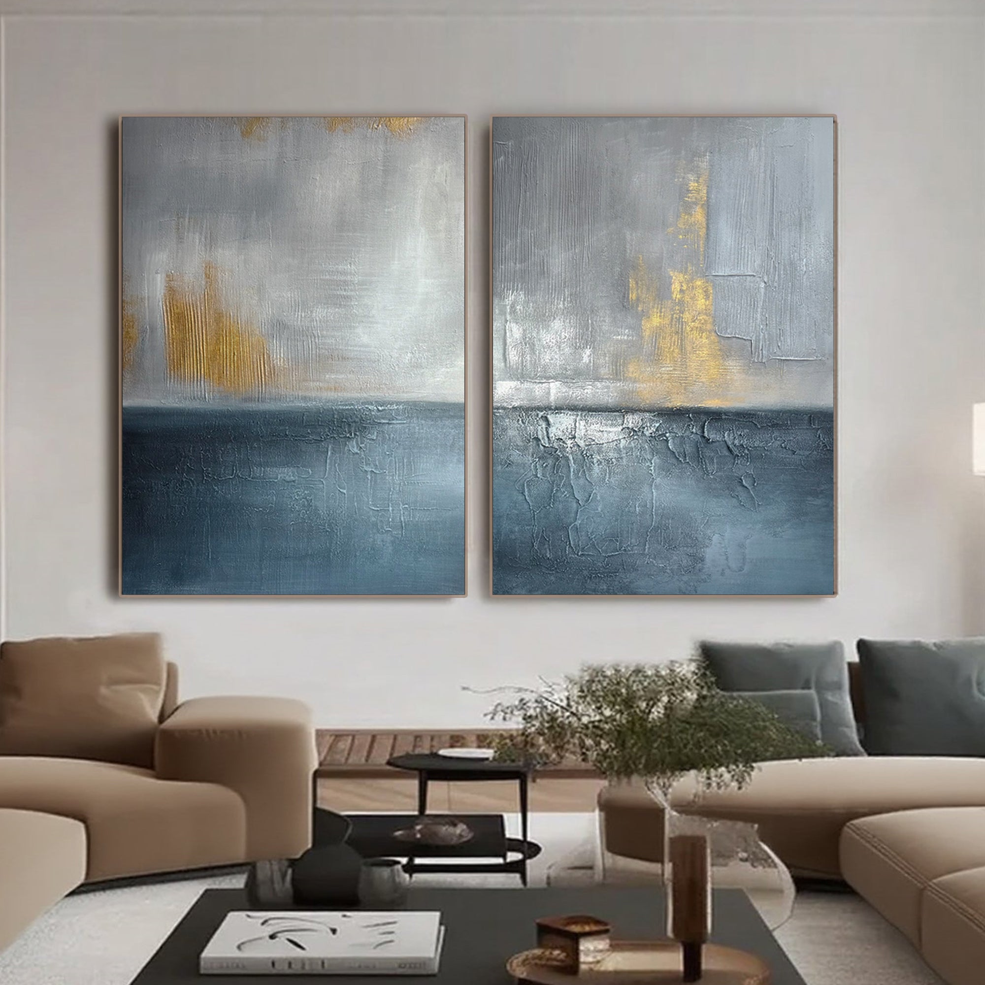 Lumi Gallery abstract minimalist blue gold seascape canvas wall art in contemporary living room