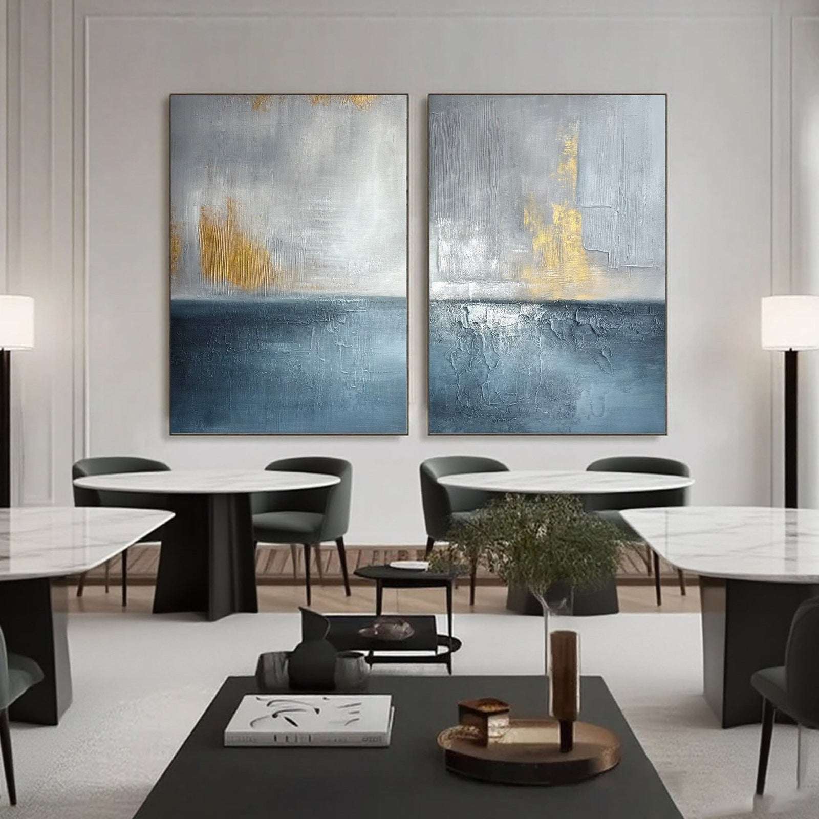 Blue and gold abstract seascape wall art set in a contemporary interior