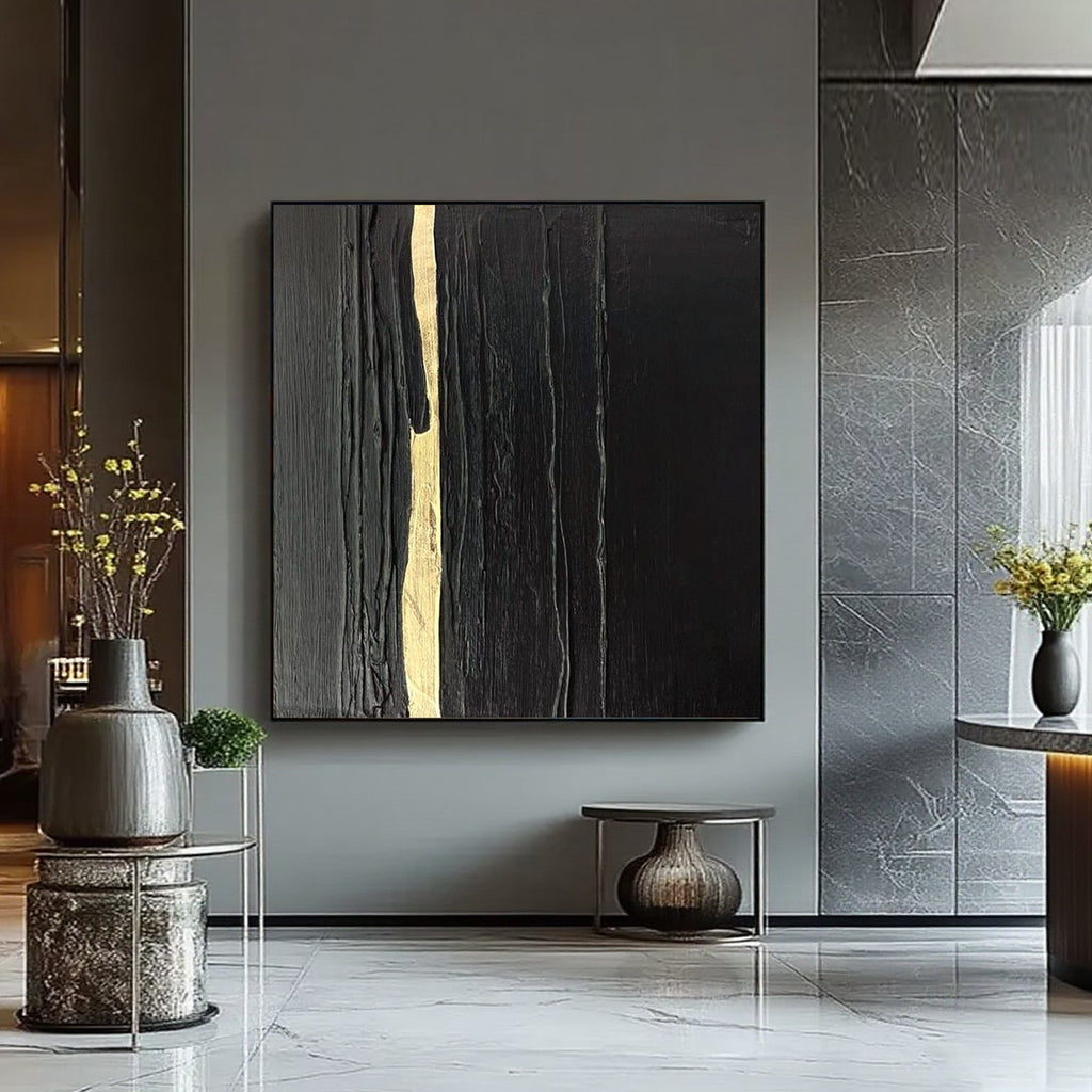 Abstract minimalist black gold square canvas art by Lumi Gallery in contemporary interior
