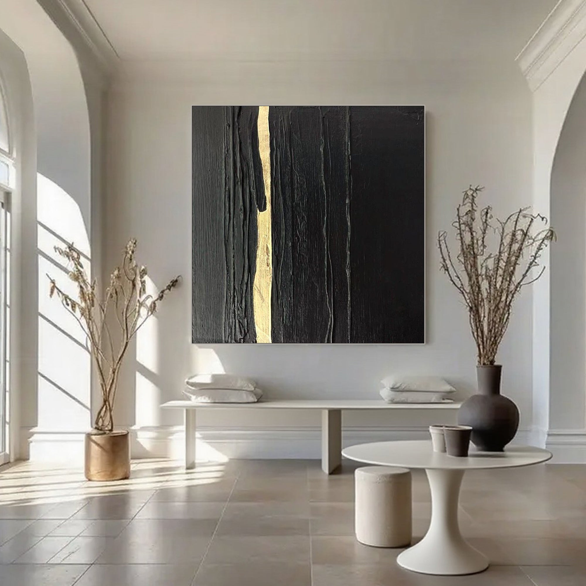Abstract minimalist black gold square canvas art 'Auric Rift' at Lumi Gallery in modern home