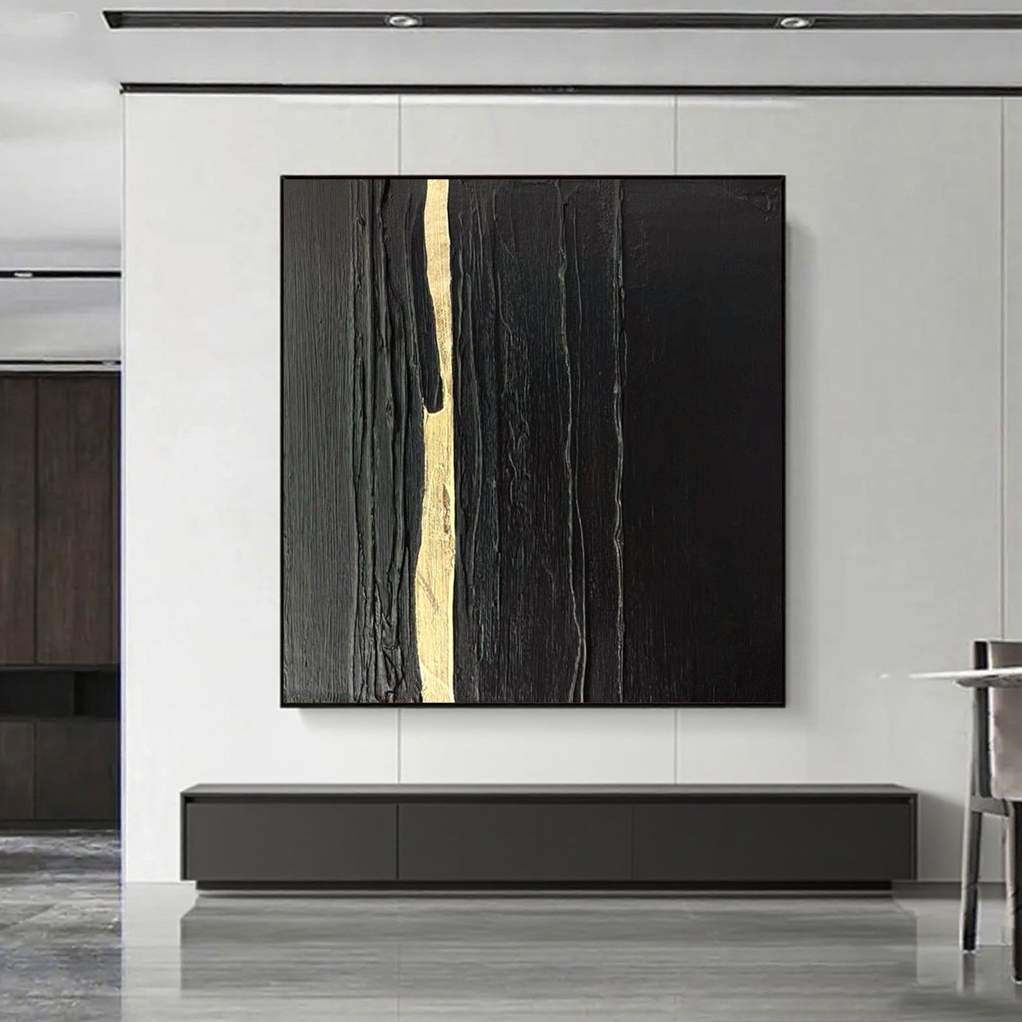 Abstract minimalist black gold square canvas art by Lumi Gallery