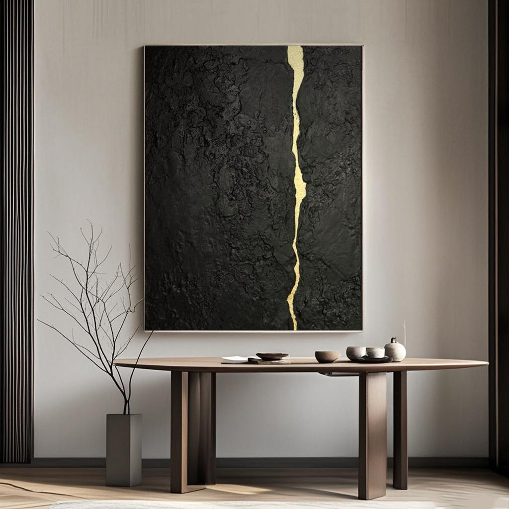 Black gold abstract minimalist painting with kintsugi vein by Lumi Gallery in modern interior