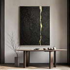 Black gold abstract minimalist painting with kintsugi vein by Lumi Gallery in modern interior