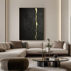 Black gold abstract minimalist painting with golden vein, hand-painted canvas, modern living room decor