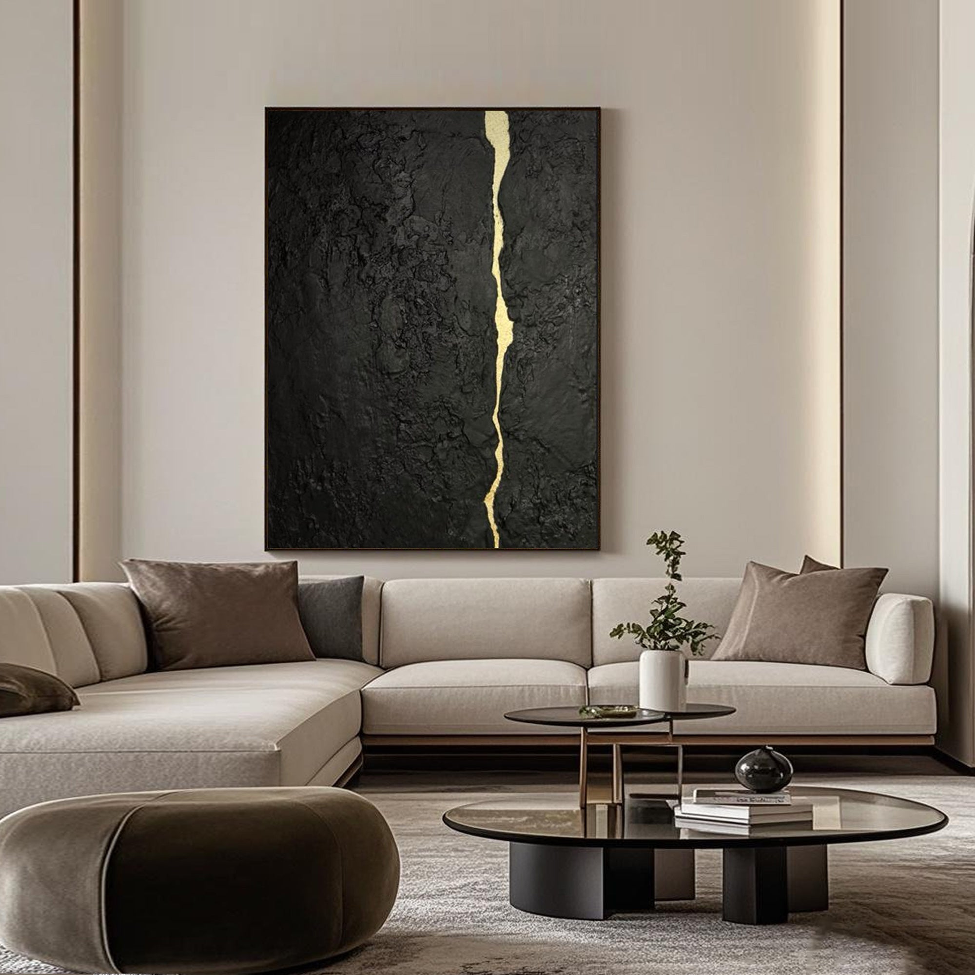 Black gold abstract minimalist painting with golden vein, hand-painted canvas, modern living room decor