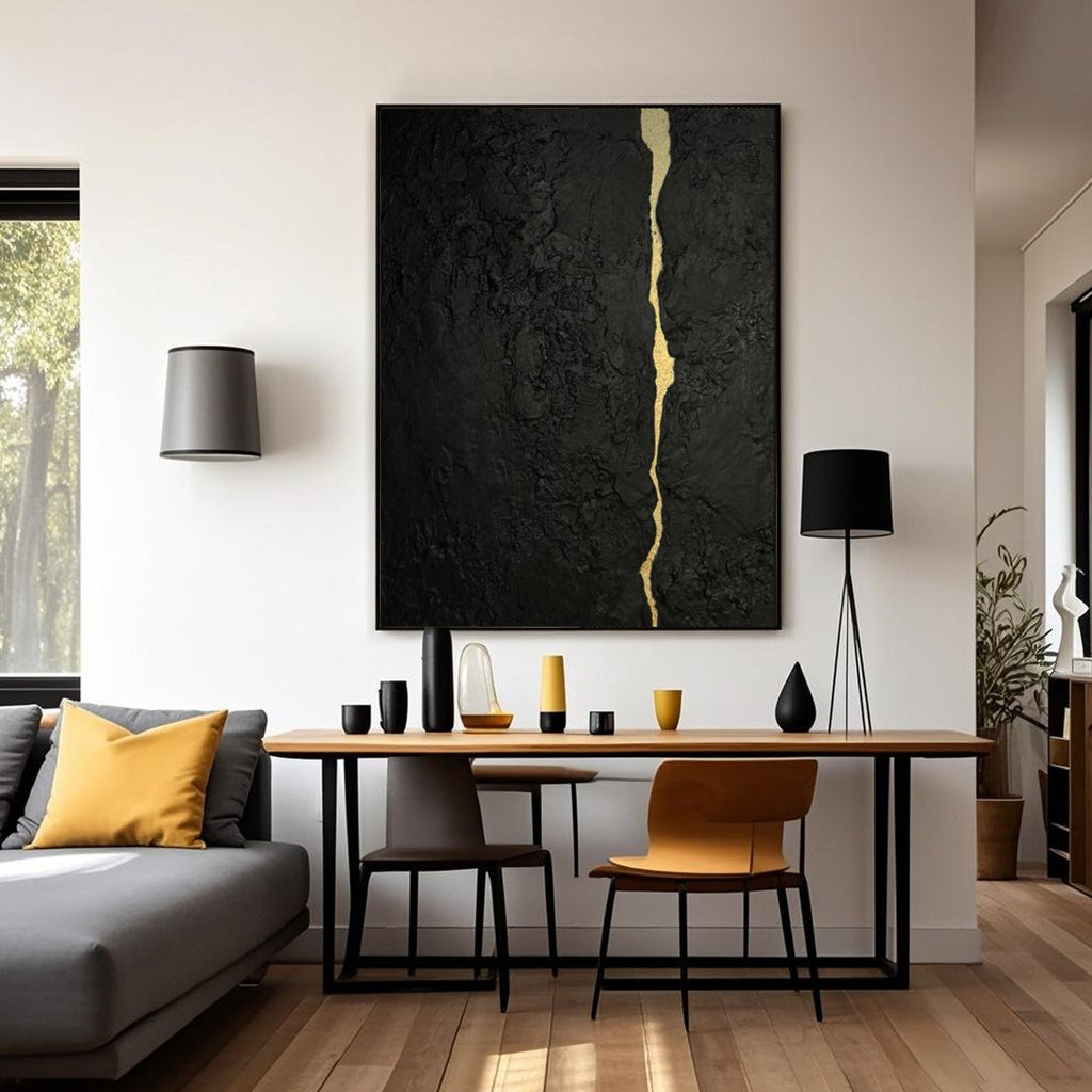 Lumi Gallery's black gold abstract minimalist canvas painting with kintsugi vein in contemporary interior