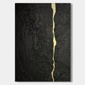 Abstract minimalist black textured canvas featuring a flowing gold kintsugi vein, hand-painted wall art for contemporary interiors.