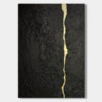 Abstract minimalist black textured canvas featuring a flowing gold kintsugi vein, hand-painted wall art for contemporary interiors.