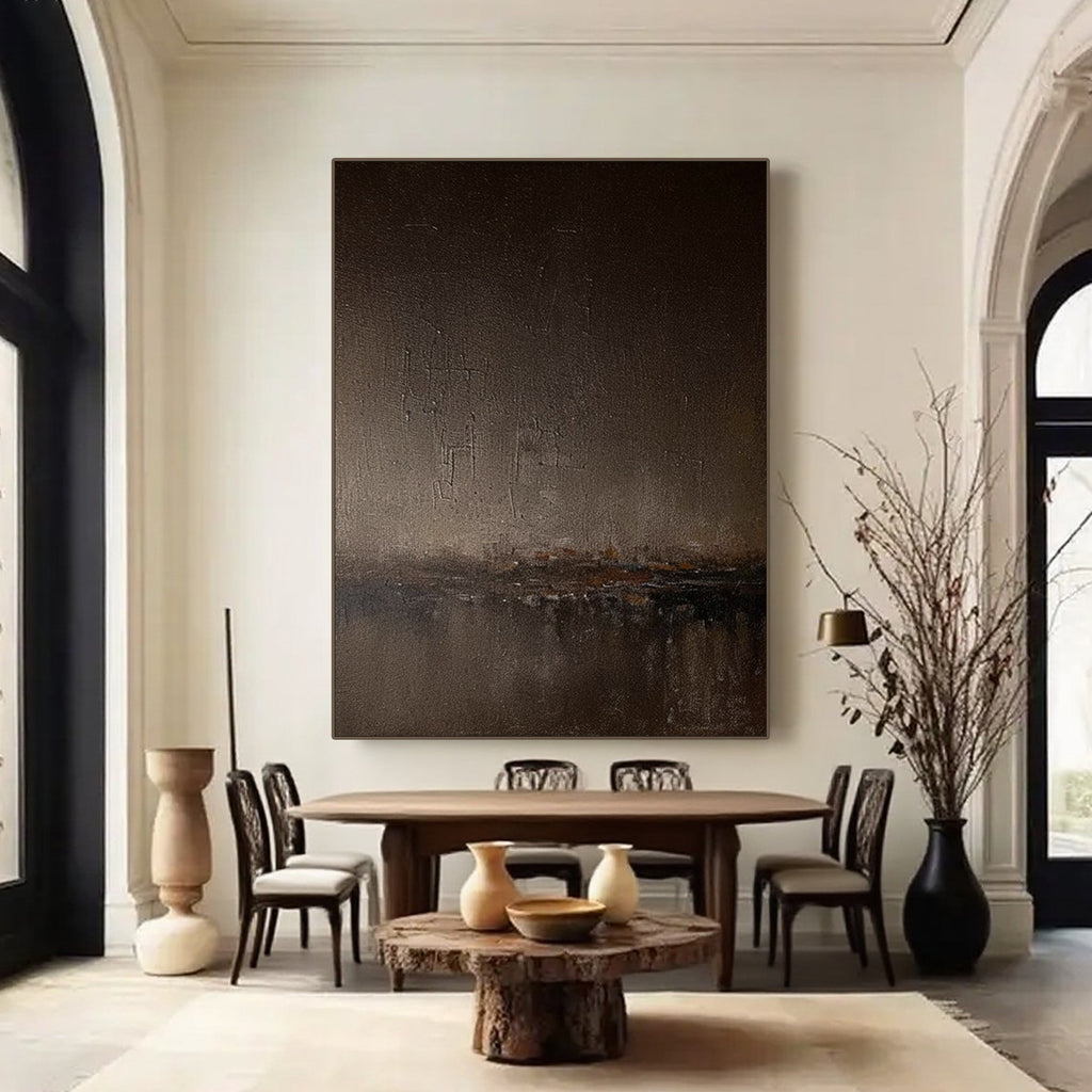 Museum-quality abstract minimalist brown landscape painting 'Umber Dusk' on canvas, modern dining room
