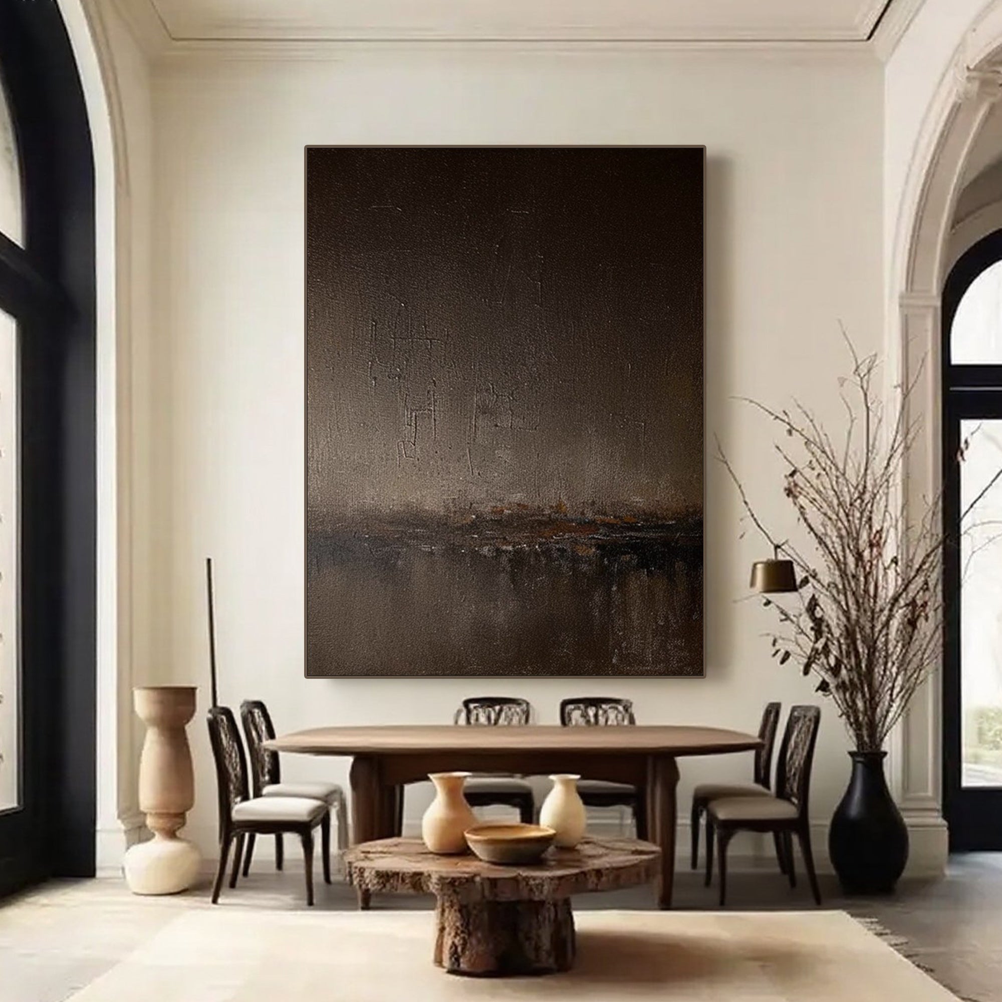 Museum-quality abstract minimalist brown landscape painting 'Umber Dusk' on canvas, modern dining room