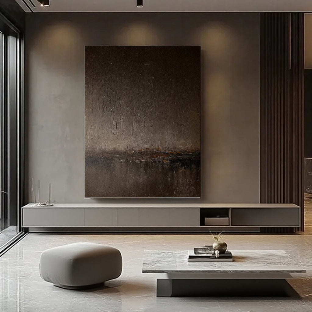 Lumi Gallery's abstract minimalist brown landscape canvas painting 'Umber Dusk' in modern living room