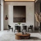 Large abstract minimalist brown landscape painting 'Umber Dusk' on canvas in modern dining room at Lumi Gallery