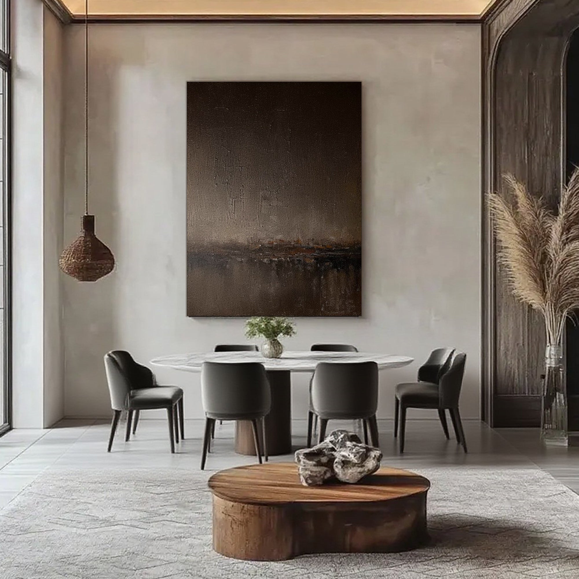 Large abstract minimalist brown landscape painting 'Umber Dusk' on canvas in modern dining room at Lumi Gallery
