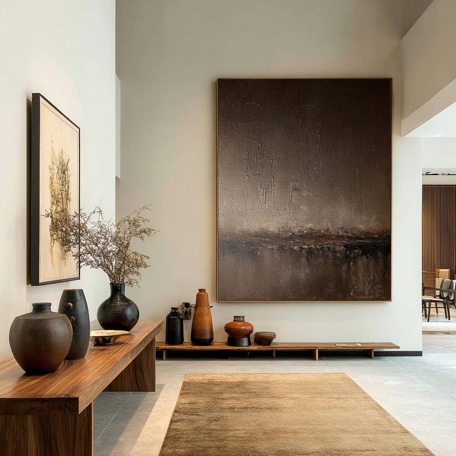 Abstract minimalist brown landscape painting 'Umber Dusk' with umber dusk tones displayed in a contemporary interior with wooden furniture and ceramic vases.