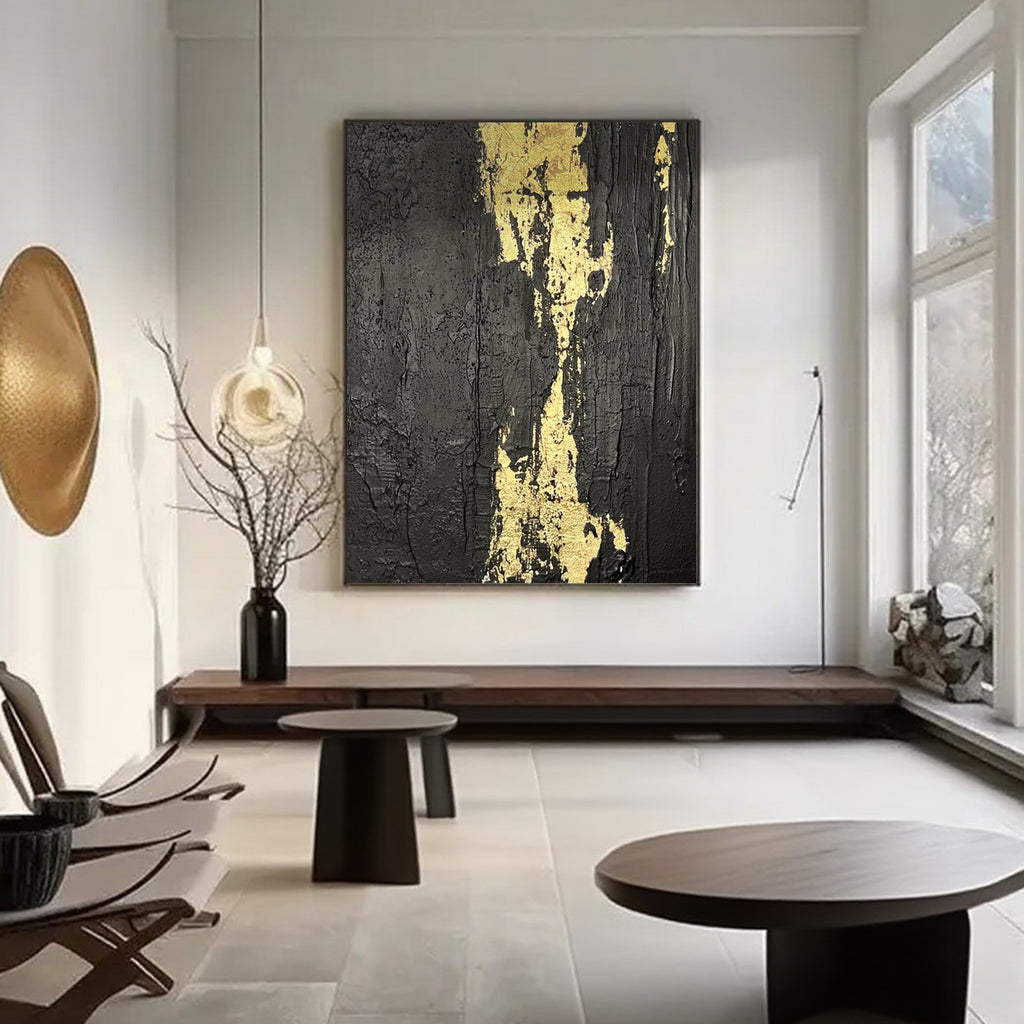 Black gold minimalist abstract canvas wall art in modern living room by Lumi Gallery