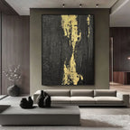 Lumi Gallery's minimalist black gold abstract painting 'Molten Vein' on canvas in modern living room