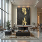 Lumi Gallery's minimalist black gold abstract canvas wall art 'Molten Vein' in contemporary interior