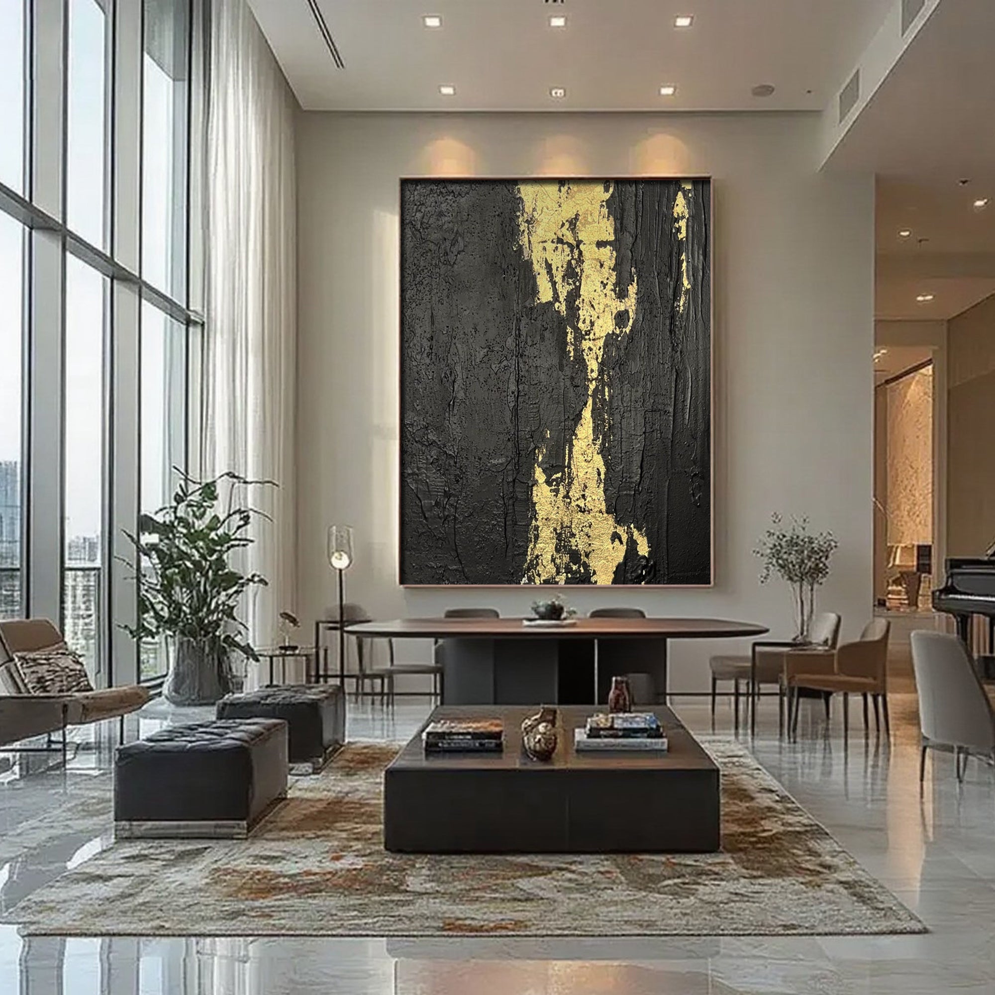 Lumi Gallery's minimalist black gold abstract canvas wall art 'Molten Vein' in contemporary interior