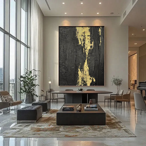 Lumi Gallery's minimalist black gold abstract canvas wall art 'Molten Vein' in contemporary interior