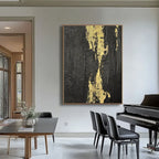 Lumi Gallery's minimalist black gold abstract canvas painting 'Molten Vein' in contemporary dining room