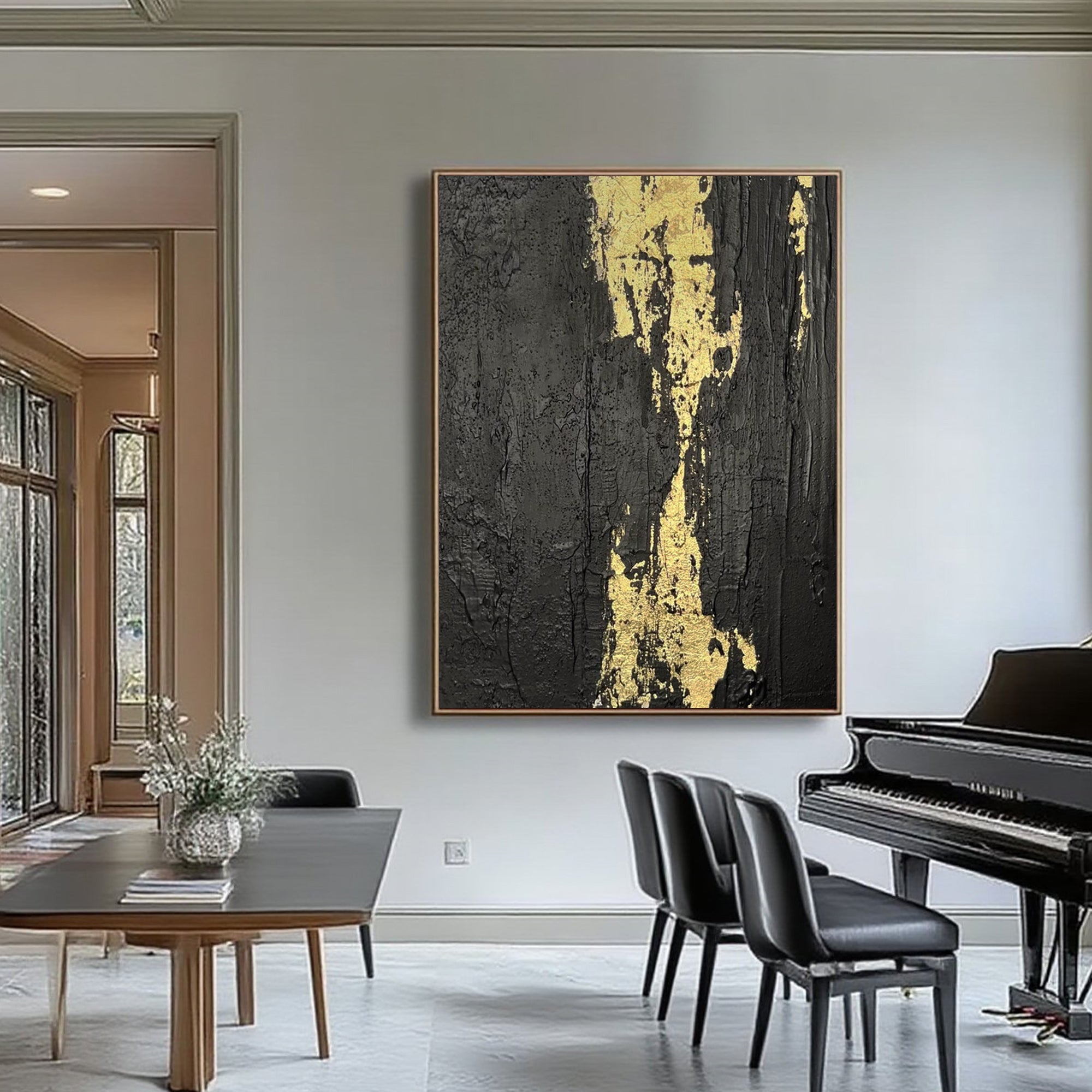 Lumi Gallery's minimalist black gold abstract canvas painting 'Molten Vein' in contemporary dining room